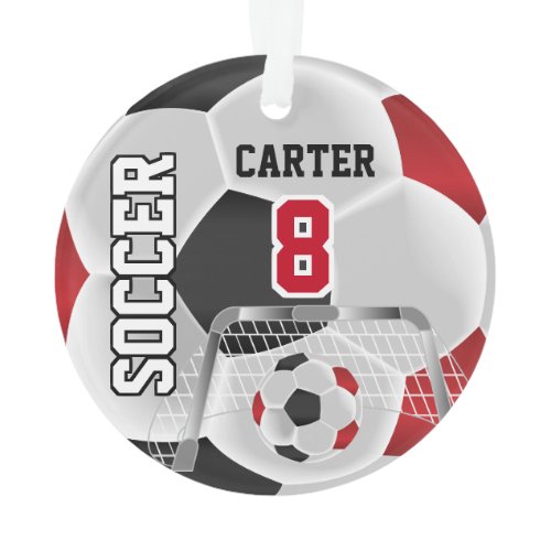 Black, White &amp; Dark Red Personalize Soccer  ⚽ Ornament