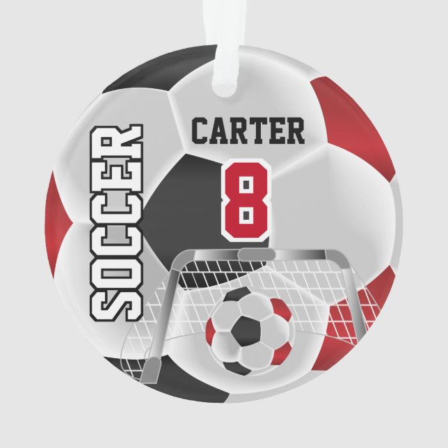 Black, White & Dark Red Personalize Soccer  ⚽ Ornament (Back)