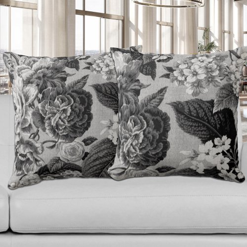 Black  White Dark Toned Botanical Floral Toile Throw Pillow