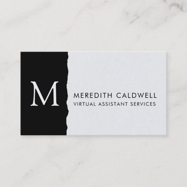 Black White Deckled Edge Color Block Monogram  Business Card (Front)