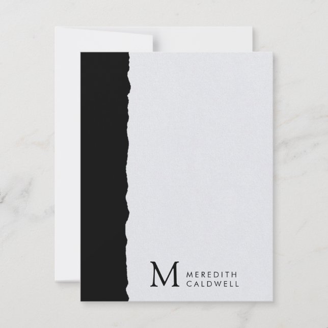 Black White Deckled Edge Color Block Monogram Note Card (Front)
