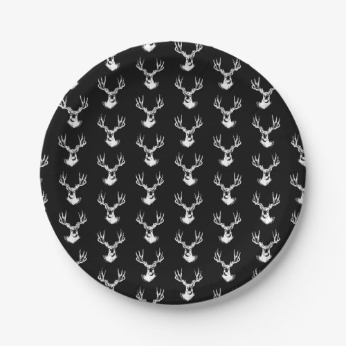 Black  White Deer Antlers Print Pattern Vintage Paper Plates