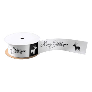 Black white deer cursive script Christmas holiday Satin Ribbon