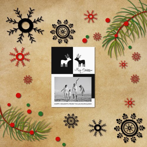 Black white deer Merry Christmas calligraphy photo Holiday Card