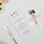 Black White Delicate Calligraphy Elegant Wedding Menu<br><div class="desc">Elegant white wedding menu with a delicate calligraphy script reading menu. Add your names,  wedding date,  and wedding menu. Elegant and minimalist wedding menu in black and white. Minimalist wedding menu personalized with your names and wedding date.</div>