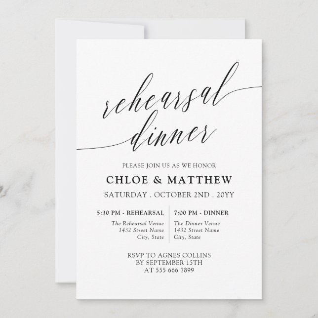 Black White Delicate Calligraphy Rehearsal Dinner Invitation (Front)