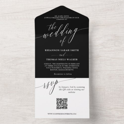 Black White Delicate Calligraphy Wedding QR RSVP All In One Invitation