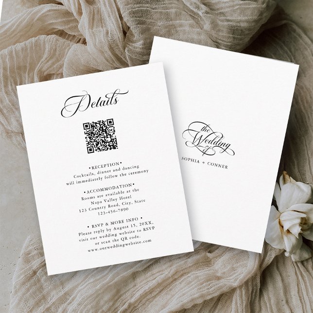 Black & White Delicate Elegant Wedding Details Enclosure Card (Front & Back)