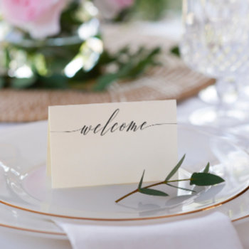 Black White Delicate Welcome Names & Wedding Date Place Card by Paperpaperpaper at Zazzle