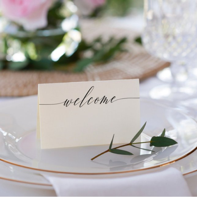 Black White Delicate Welcome Names & Wedding Date Place Card (Creator Uploaded)