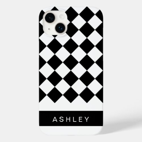 Black White Diagonal Checkered Squares Personalize Case_Mate iPhone 14 Plus Case