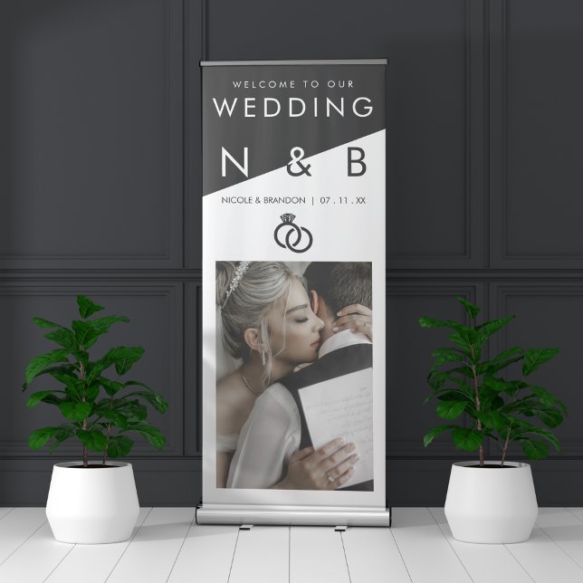 Black White Diagonal Color Block Monogram Wedding Retractable Banner (Black White Diagonal Color Block Monogram Wedding Retractable Banner)