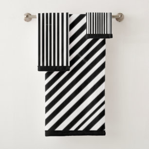 Black White Diagonal Stripes Bath Towel Set