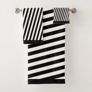 Black White Diagonal Stripes  Bath Towel Set