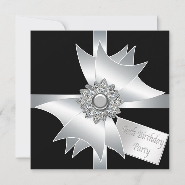 Black White Diamond Bow Womans 60th Birthday Party Invitation (Front)
