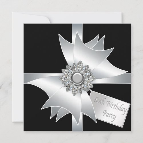 Black White Diamond Bow Womans 60th Birthday Party Personalized Announcement