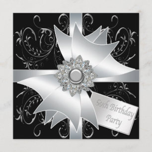 Black White Diamond Bow Womans 60th Birthday Party Invitation