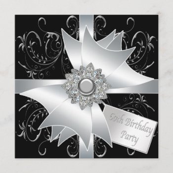 Black White Diamond Bow Womans 60th Birthday Party Invitation by decembermorning at Zazzle