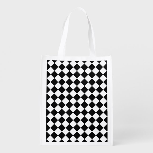 Black White Diamond Checkerboard Grocery Bag (Back)