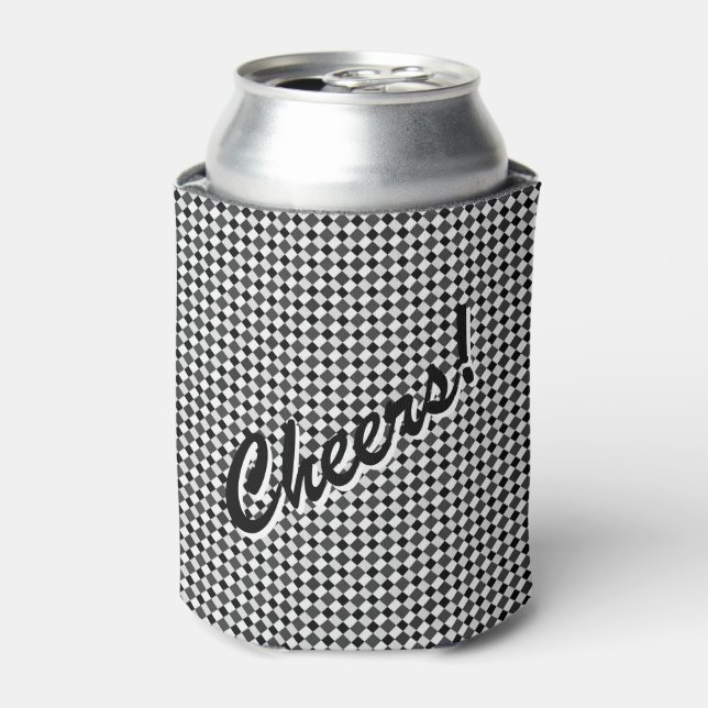 Black White Diamond Checkered Cheers Can Cooler (Can Front)