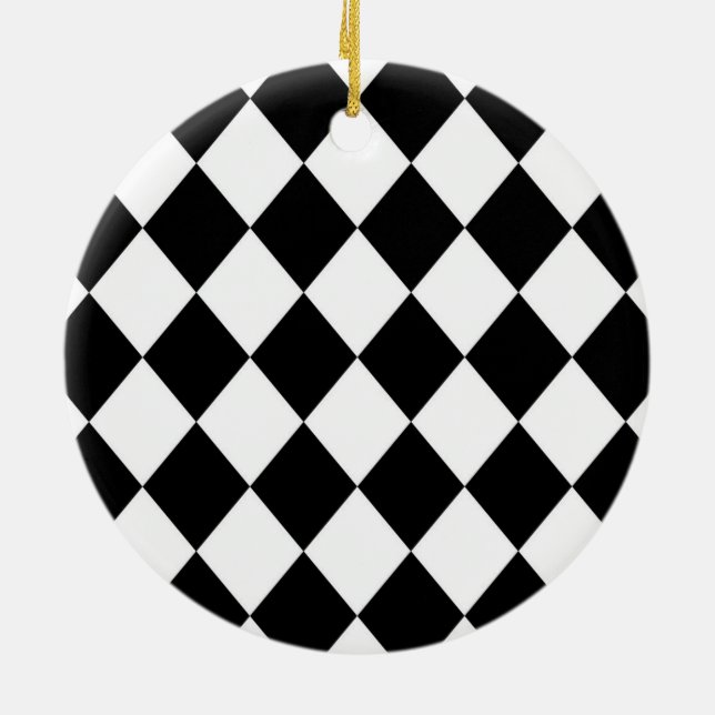 Black & White Diamond Checkered Pattern Ceramic Ornament (Back)