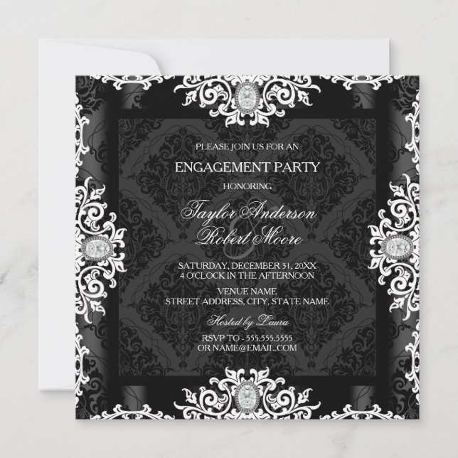 Black & White Diamond Damask Engagement Party Invitation (Front)