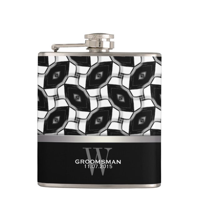 Black White Diamond Eye Pattern Memento Hip Flask (Front)