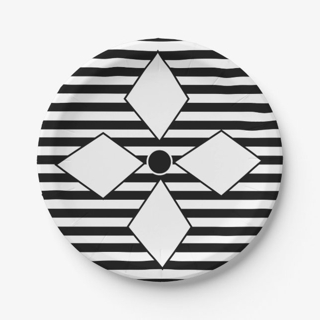 Black White Diamond Geometric Stripes Pattern  Paper Plates (Front)