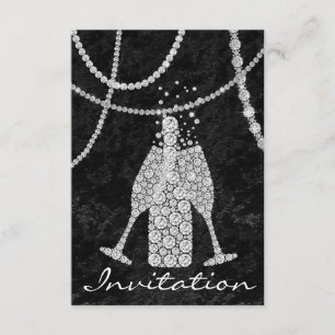 Black White Diamond Glass Bubbles Champagne Bottle Invitation