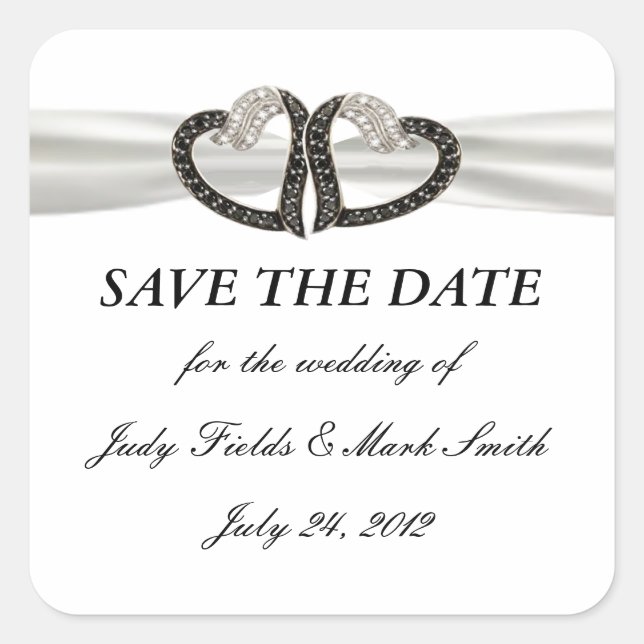 Black & White Diamond Heart Save The Date Stickers (Front)