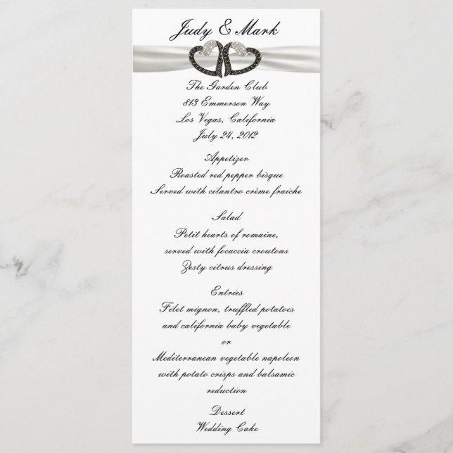 Black & White Diamond Hearts Menu Card (Front)
