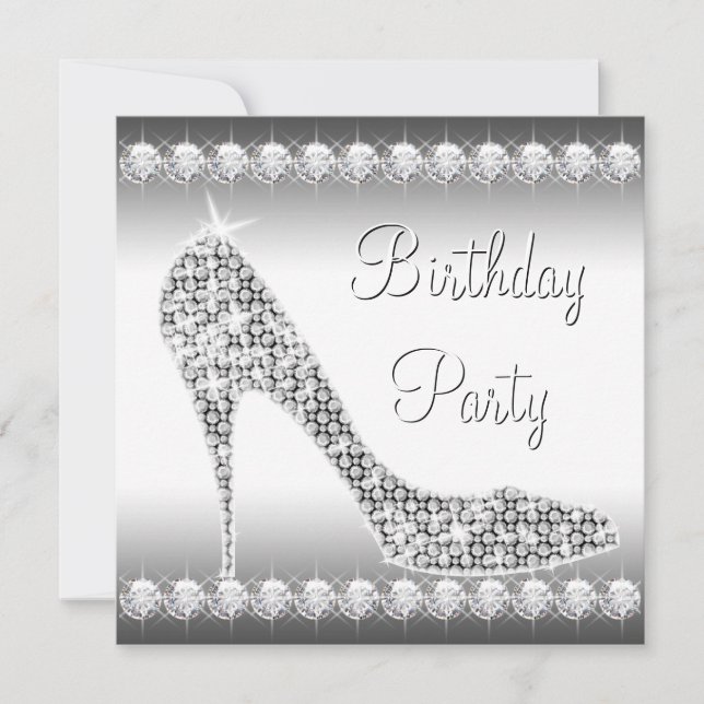 Black White Diamond High Heel Shoe Birthday Party Invitation (Front)