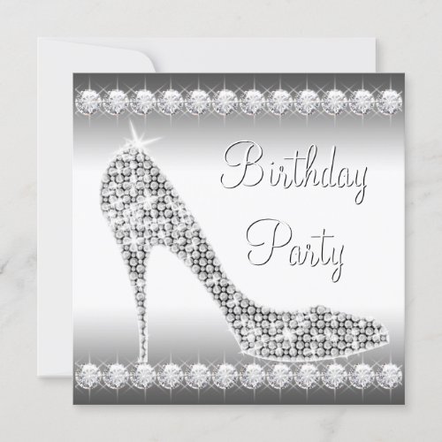 Black White Diamond High Heel Shoe Birthday Party Personalized Announcements