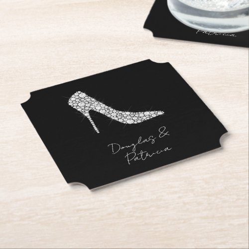 Black White Diamond High Heel Shoe Wedding Paper Coaster