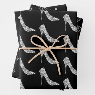 Black White Diamond High Heel Shoe Wedding Wrapping Paper Sheets