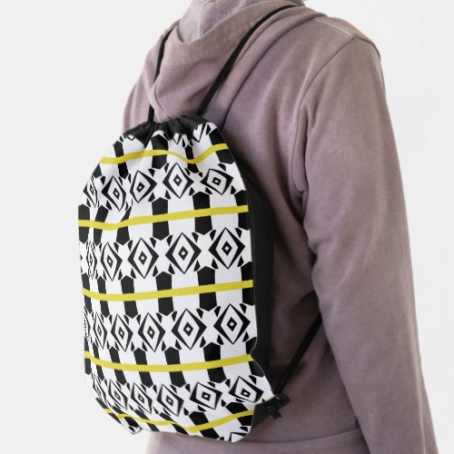 Black  White Diamond Pattern With Yellow Stripes Drawstring Bag