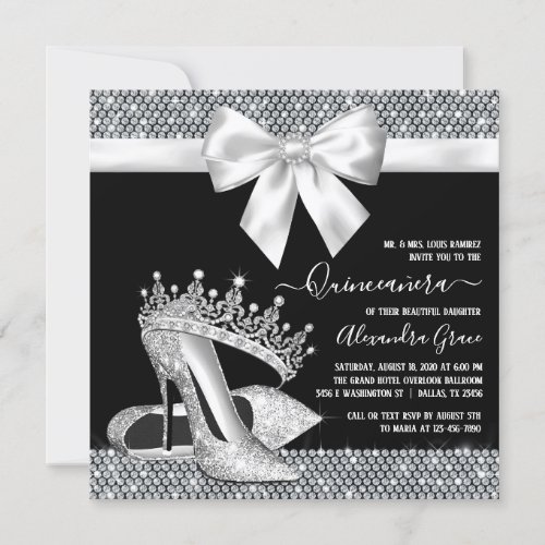 Black White Diamond Tiara Shoe Glam Quinceanera Invitation