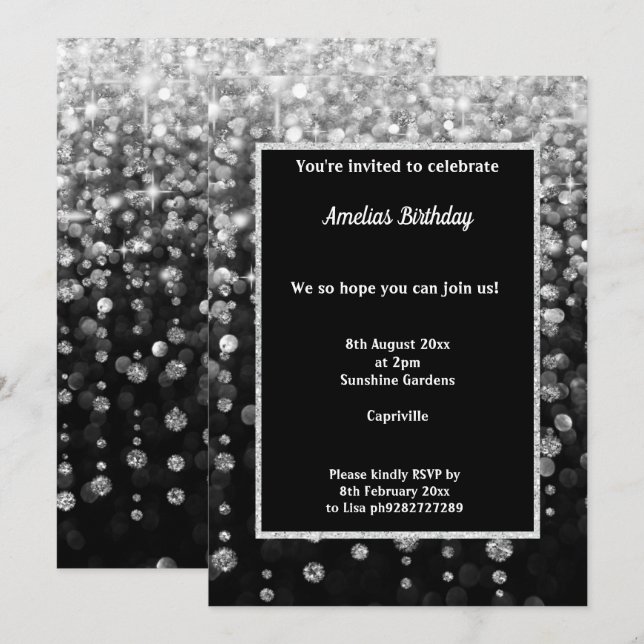 BLACK WHITE DIAMOND WATERFALL BIRTHDAY PARTY  INVI INVITATION (Front/Back)