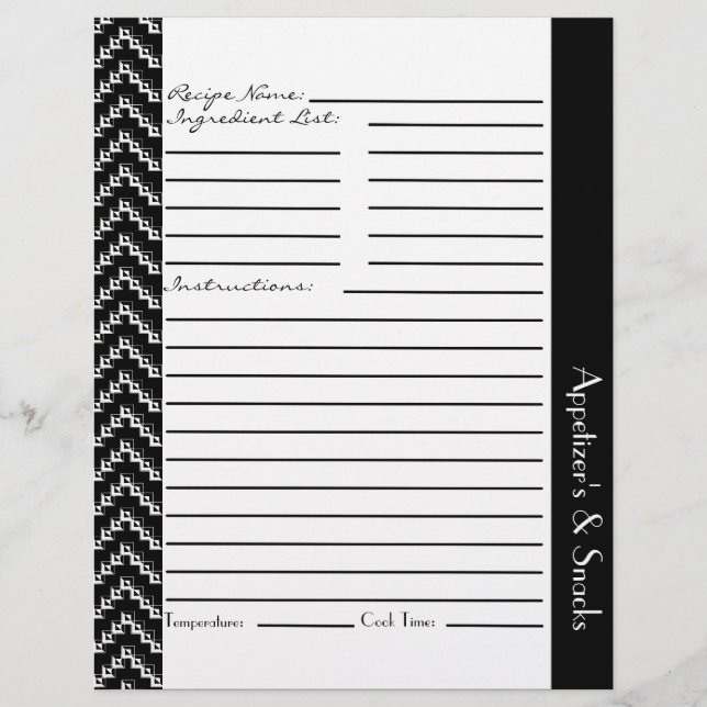 Black White Diamond Zigzag Chevrons Recipe Sheets (Front)