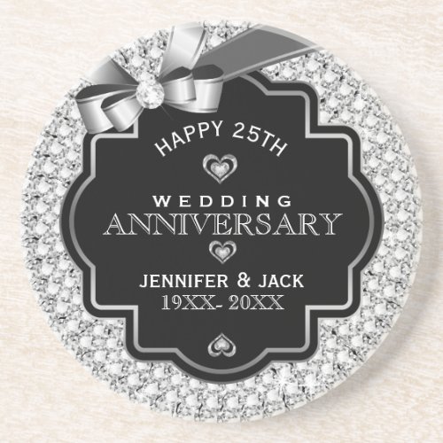Black  White Diamonds 25th Wedding Anniversary Drink Coaster