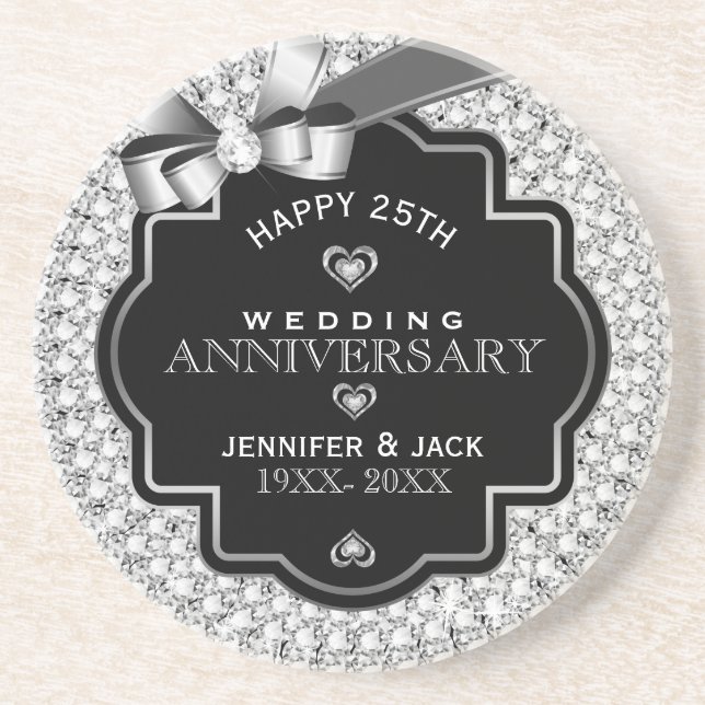 Black & White Diamonds 25th Wedding Anniversary Drink Coaster (Front)