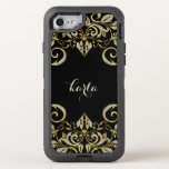 Black & White Diamonds Glitter Floral Swirl OtterBox Defender iPhone SE/8/7 Case<br><div class="desc">Elegant gold and white diamonds texture print vintage swirl design element over customizable/changeable black background. monogram. Monogram with diamonds and gold texture can be requested by email.</div>