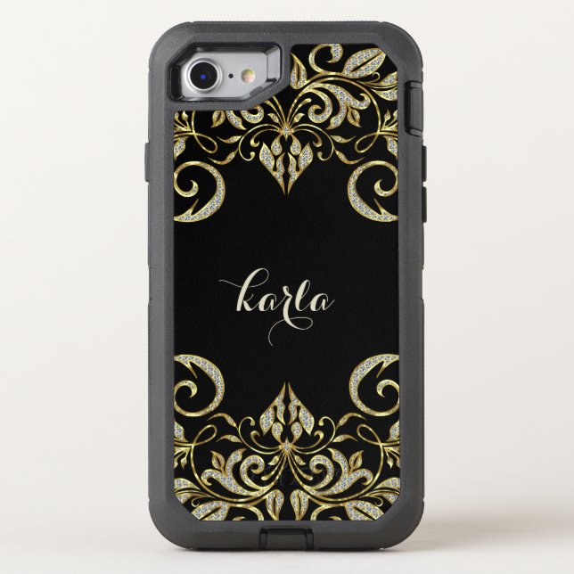 Black & White Diamonds Glitter Floral Swirl Otterbox iPhone Case (Back)