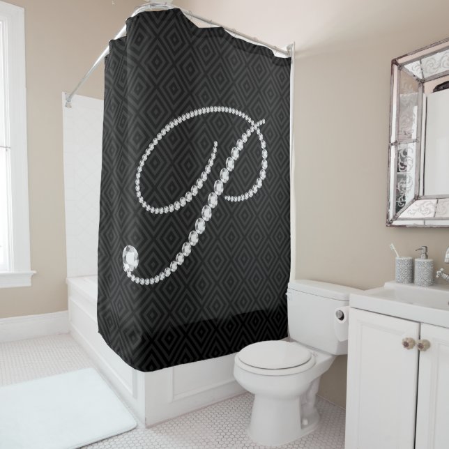 Black & White Diamonds Letter P Monogram Shower Curtain (In Situ)