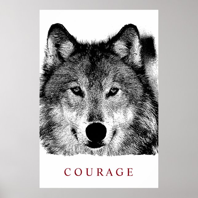 Black White Digital Ink Motivational Courage Wolf Poster (Front)