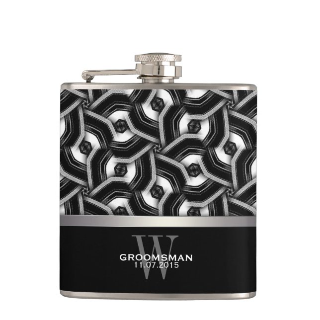 Black White Disc Pattern Groomsmen Gift Hip Fla Flask (Front)
