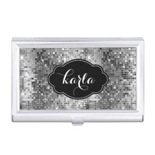Black & White Disco ball Glitter Black Accent Business Card Holder