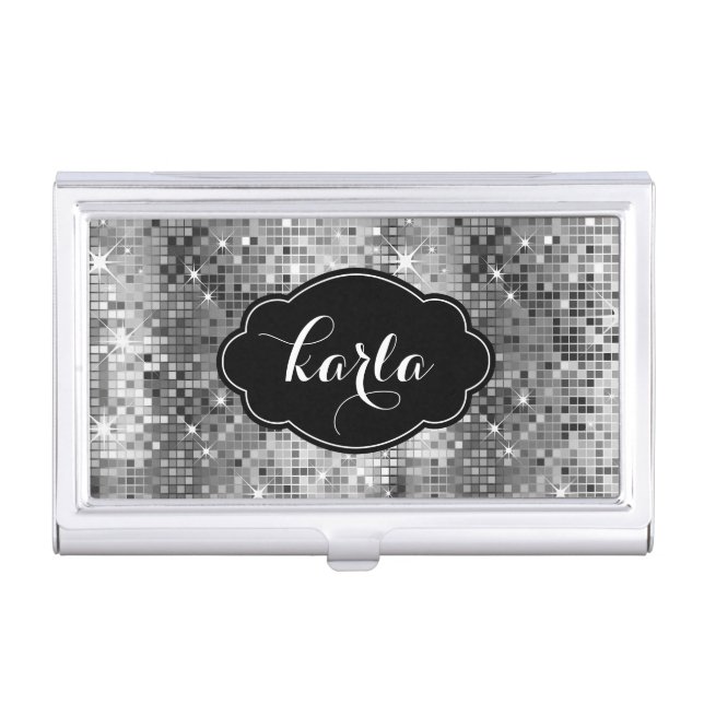 Black & White Disco ball Glitter Black Accent Business Card Holder (Front)