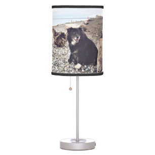 Black & White Dog at Beach Table Lamp