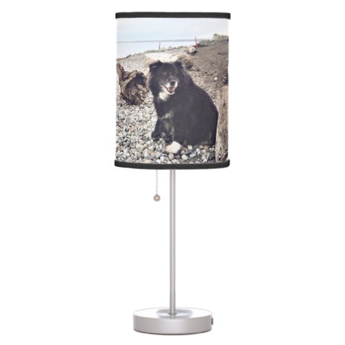 Black  White Dog at Beach Table Lamp